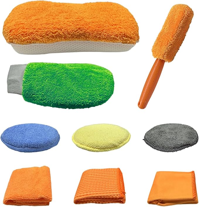 9PCS Car Cleaning Kit, No-Scratch Auto Detailing Tools Set with Wash Mitt, Large Sponge, Wheel Brush, Wax Applicator Pads and Microfiber Towels for Car Interior and Exterior Care (Colorful)