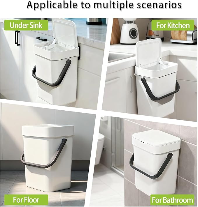 Compost Bin Kitchen, for use on Countertops or Under Sinks, Hanging Trash Can with Lid, Mountable Indoor Compost Bucket, for Cupboard/Bathroom/Bedroom/Office/Camping (White 0.8 Gallon/3L)