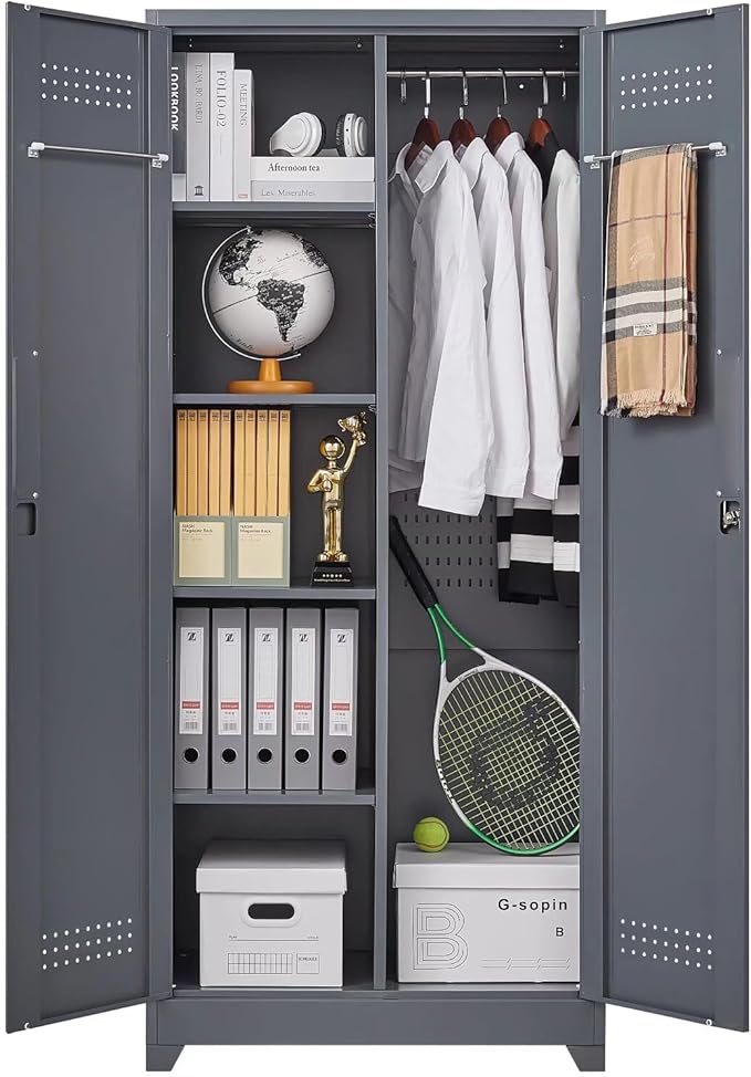 72" H Tall Metal Storage Cabinets, Freestanding Broom Closet Storage Cabinet with Locking Door for Cleaning Tool, Large Garage Cabinet Tool Organizer Storage Cabinet for Office, Grey