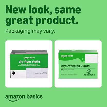 Amazon Basics Dry Sweeping Cloths for Floor Cleaning, Pet Hair, Dust, Dirt, Multi-Surface, Disposable, Fits Swiffer Sweeper Mop Heads, 64 Count, Packaging May Vary