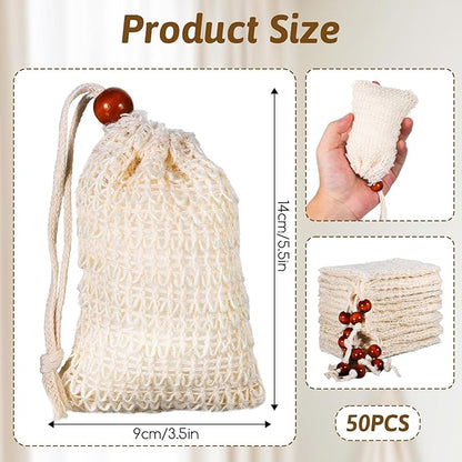 50 Pack Soap Saver Bags, Natural Cotton Linen Mesh Soap Bag with Drawstring for Exfoliating, Foaming, and Drying, Bar Pouch for Bath and Shower Use (3.5x5.5 Inch)