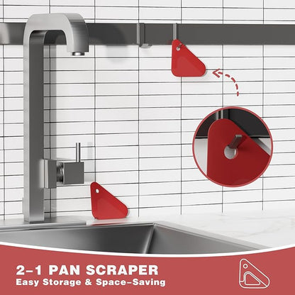 Food Scraper, 2-in-1 Pot and Pan Dish Scraper, Nylon and Silicone, Kitchen Scraper Tools for Cast Iron Skillets, Cookware, Dishes, Pans and Pots, Heat Resistant, Set of 3 - Red