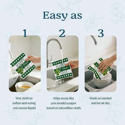 Swedish Dishcloths for Kitchen, St Patricks Day Green Shamrock Dish Rags Kitchen Dish Towels for Washing Dishes, 4 Pack Reusable Paper Towels, Sponge Cloths for Home Cleaning Baking Cooking