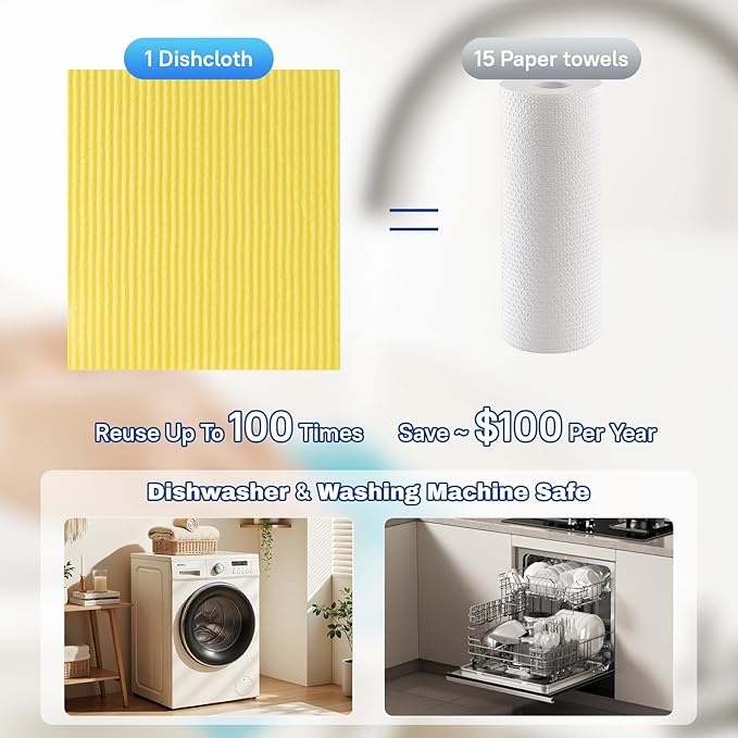 10 Pack Swedish Dishcloths, Natural Cellulose & Cotton Cleaning Cloths, Reusable, Washable & Super Absorbent for Kitchen and Bathroom