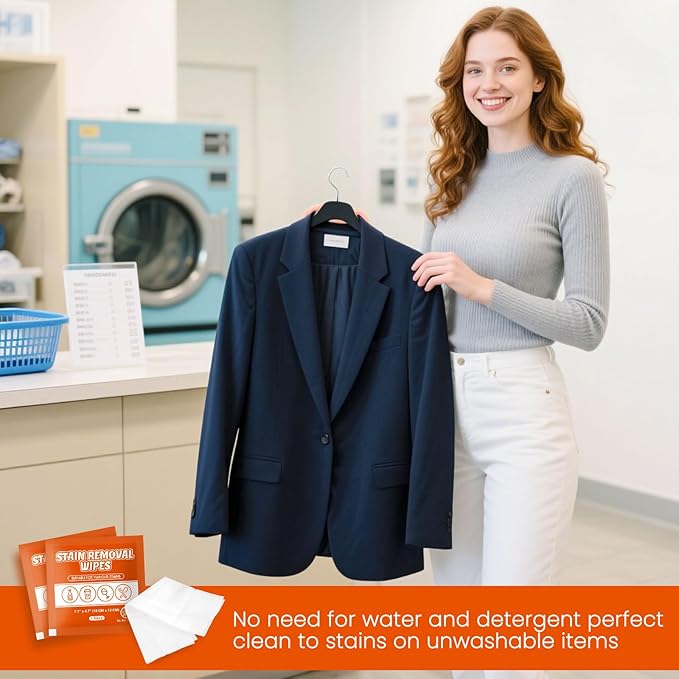 Stain Remover Wet Wipes Bulk, Individual Wrapped Clothes Portable Travel Messy Eater Cleaning Laundry Stain Removal Wipes Pocket Size for Clothing Fabric/Shoes/Wine/Fast Food 7.1 x 4.7 Inch(Orange100)