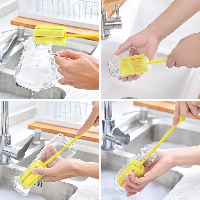 4PCS Yellow Soft Sponge Bottle Cleaning Brush Plastic Handle Cup Brush Scrubber Washing Brush vase Bottle Pot Cleaner（2 Size 10”15”）