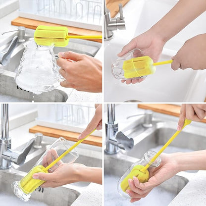 4PCS Yellow Soft Sponge Bottle Cleaning Brush Plastic Handle Cup Brush Scrubber Washing Brush vase Bottle Pot Cleaner（2 Size 10”15”）