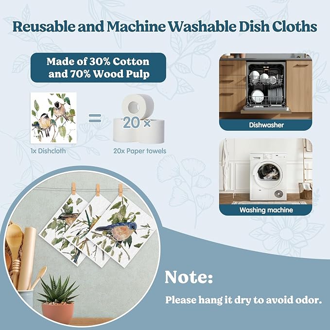 Swedish Dishcloths for Kitchen, Bird Dish Rags Kitchen Dish Towels for Washing Dishes, 4 Pack Reusable Paper Towels, Sponge Cloths for Home Cleaning Baking Cooking