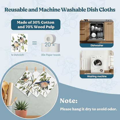 Swedish Dishcloths for Kitchen, Bird Dish Rags Kitchen Dish Towels for Washing Dishes, 4 Pack Reusable Paper Towels, Sponge Cloths for Home Cleaning Baking Cooking