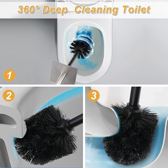 White Toilet Bowl Brush and Holder for Bathroom，Resin Toilet Brush and Holder Set with Stainless Steel Handle，Deep Cleaning Modern Toilet Cleaner Brush -Space Saving, Covered Brush