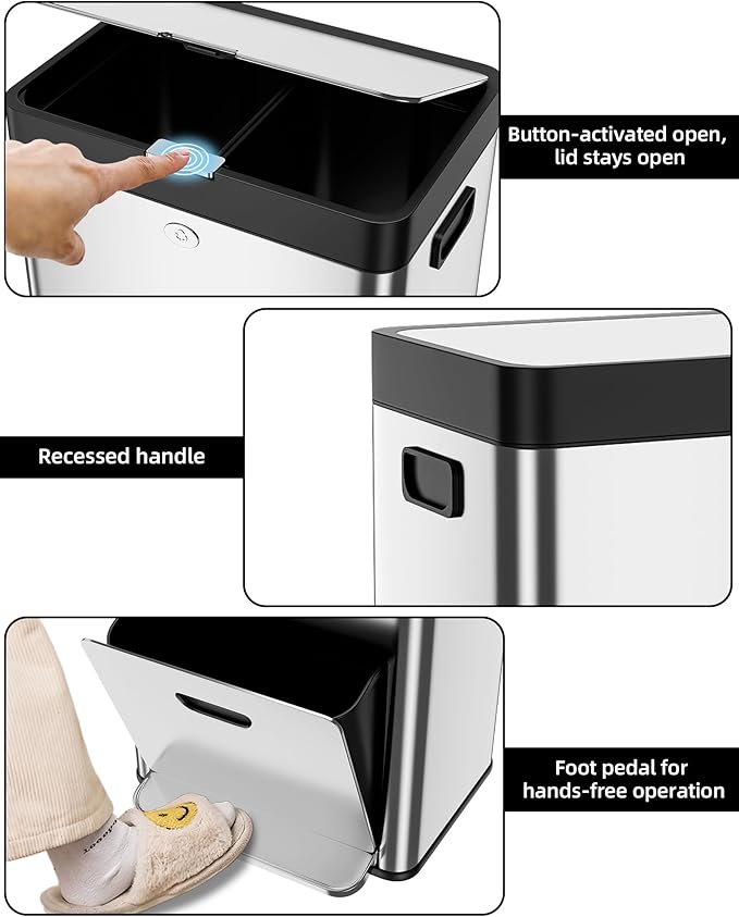 Vertical Trash Can - 2 Tiers 14 Gal Stainless Steel Tall Trash Can with Recycle Combo for Office Indoor