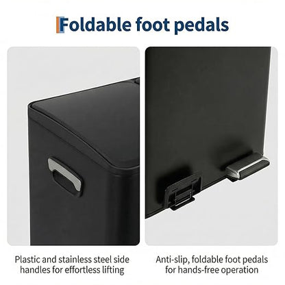 Garvee Dual Compartment Trash Can, 2 x 8 Gal (2 x 30L) Stainless Steel Recycling Bin with Anti-Slip Foldable Foot Pedal & Soft-Close Lid, Kitchen Garbage & Recycle Bin Combo - Black