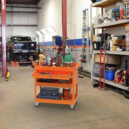 3 Tray Rolling Tool Cart with Drawers, 400 LBS Capacity Mechanic Tool Cart on Wheels, Heavy Duty Utility Cart with Pegboard, Tool Storage Cart for Garage and Repair Shop, Orange