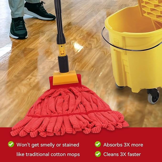 Heavy Duty Commercial Mop Head Replacement for Rubbermaid: 3 Packs 14oz Microfiber Tube Lint Free Industrial Heavy Duty Mop Head for Floor Cleaning - Super Absorbent & Bleach-Safe (Red)