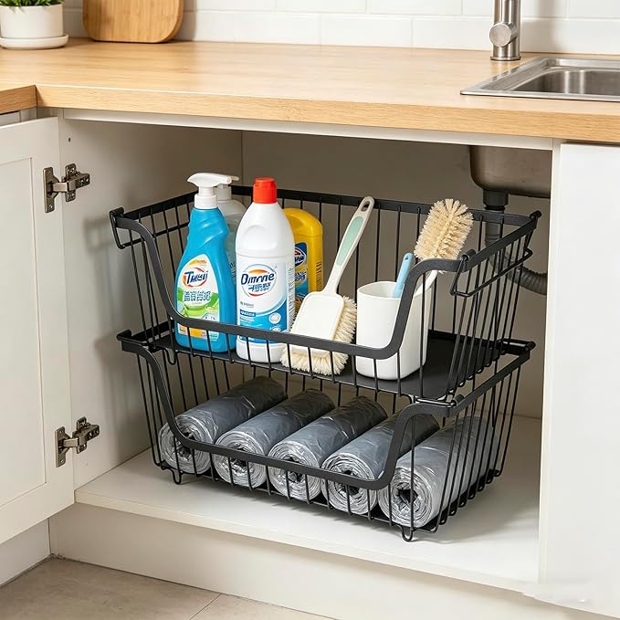 2 Pack Trash Bag Dispenser, Stackable Garbage Bag Holder Cleaning Supplies Organizer, Space-Saving Under Sink Organizer, Metal Wire Storage Basket for Laundry Room Kitchen Pantry Storage