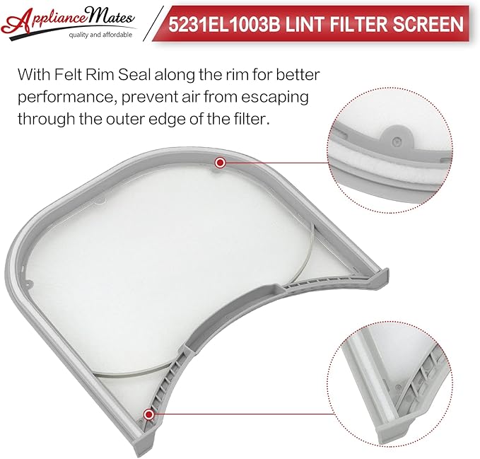 APPLIANCEMATES 5231EL1003B Dryer Lint Filter with Felt Seal Compatible for Lg and Ken-more Dryer Lint Screen Replacement Part # 1266857, AP4440606 Includes Clothes Dryer Lint Vent Trap Cleaner Brush