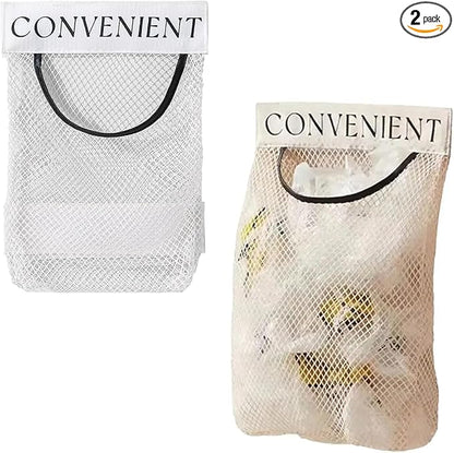 2 Pack Trash Bag Holder Dispenser Sticky Wall Mount Mesh Convenient Storage Organizer for Home Kitchen Grocery Plastic Shopping Garbage Bags Reusable Produce Tote Bag