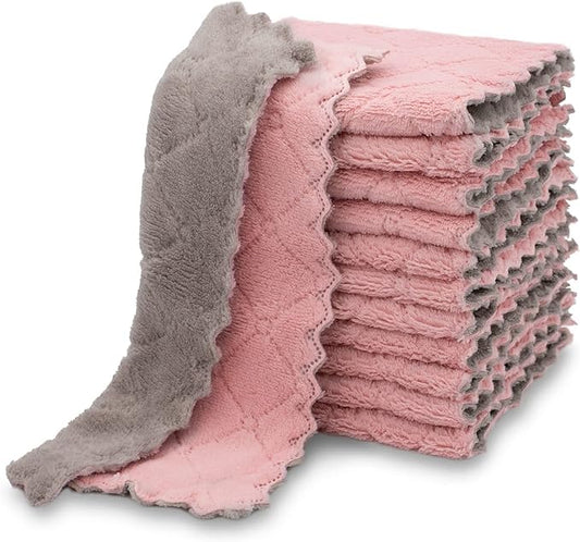 kimteny 12 Pack Kitchen Cloth Dish Towels, Premium Dishcloths, Super Absorbent Coral Velvet Dishtowels, Nonstick Oil Washable Fast Drying (Pink-Grey)