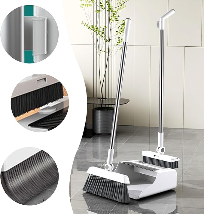 3-in-1 Broom and Dustpan Set - Stainless Steel Handle Floor Cleaning Kit for Home & Office, Space-Saving Storage Design
