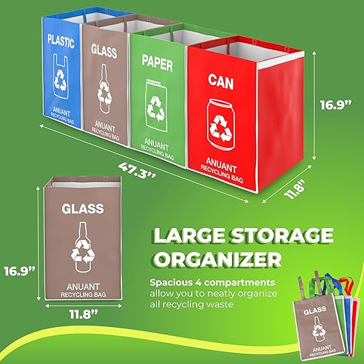 Separate Recycling Waste Bin Bags for Kitchen Office in Home - Large Size Sturdy Double Handles 10 Gallon Recycle Garbage Sorting Bins