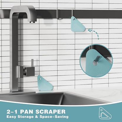 Food Scraper, 2-in-1 Pot and Pan Dish Scraper, Nylon and Silicone, Kitchen Scraper Tools for Cast Iron Skillets, Cookware, Dishes, Pans and Pots, Heat Resistant, Set of 3, Blue