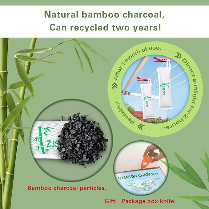 Charcoal Shoe Deodorizer, 2 Pack Natural Shoe Odor Eliminator, Reusable Activated Charcoal Bags Odor Absorber for Sneakers, Boots, Gym Bags, Closet & Locker
