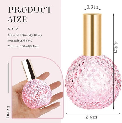 2pcs Pink Vintage Perfume Bottles Empty, 3.4oz 100ml Refillable Glass Perfume Atomizer, Reusable Travel Cologne Dispenser for Liquid Cosmetic Home Decor