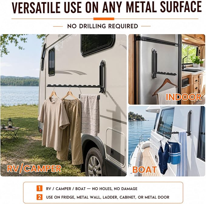 RV Clothes Drying Rack, 16" Retractable Magnetic Foldable Drying Rack for Rv Camper Trailer Boat, No-Drilling Portable Drying Racks for Laundry for Any Metal Surface, Alloy Steel Construction