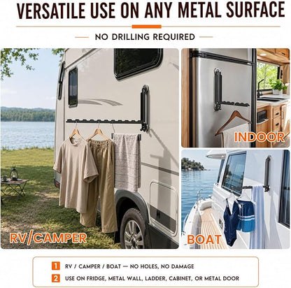 RV Clothes Drying Rack, 16" Retractable Magnetic Foldable Drying Rack for Rv Camper Trailer Boat, No-Drilling Portable Drying Racks for Laundry for Any Metal Surface, Alloy Steel Construction
