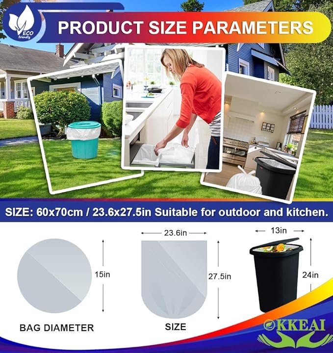 OKKEAI 8 Gallon Trash Bags 30L Garbage Bags Medium White Kitchen Trash Bags Wastebasket Liners for Bathroom,Home Office, Lawn,60 Count,Clear (Fits 7-10 Gallon Bins)