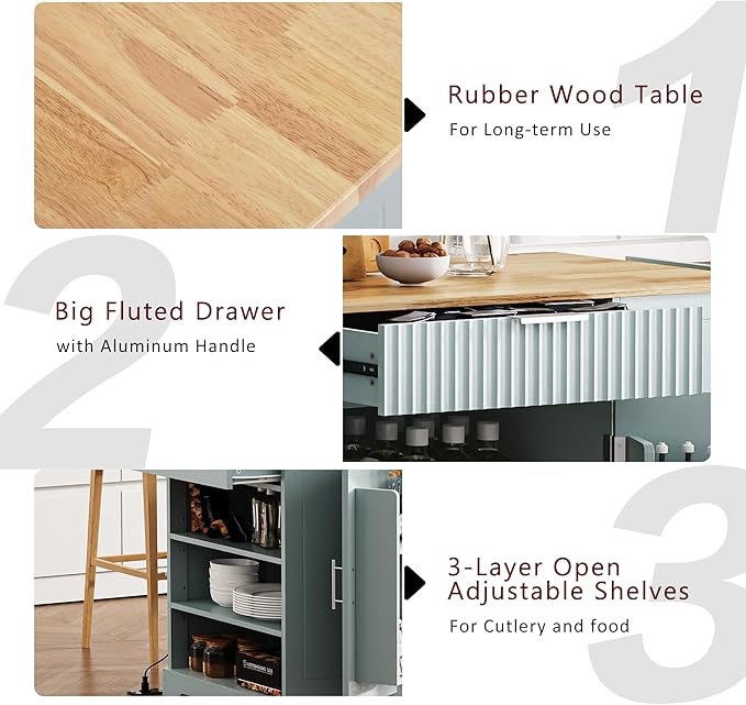 48.5" Kitchen Island with Trash Can Storage Cabinet, Power Outlet, Internal Storage Rack, Rolling Kitchen Islands Cart on 5 Wheels with 3 Drawers, 3 Open Side Racks, Grey Blue