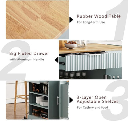 48.5" Kitchen Island with Trash Can Storage Cabinet, Power Outlet, Internal Storage Rack, Rolling Kitchen Islands Cart on 5 Wheels with 3 Drawers, 3 Open Side Racks, Grey Blue