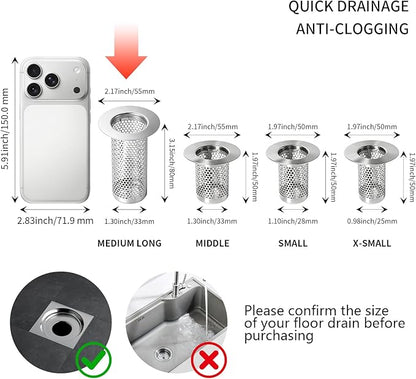 304 Stainless Steel Shower Drain Hair Catcher, Bathtub & Bathroom Sink Drain Strainer, Deep Basket Cover, XL Water Flow Anti-Clog for Pet Hair, Universal Tub Drain Filter Stopper