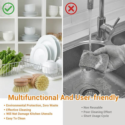 12 Pcs Bamboo Dish Brush Replacement Heads, Wooden Dish Brushes for Cleaning – Kitchen Wood Dish Scrubbers Washing Up Brush Heads Natural Bristle Brush Refills for Dishes, Pots