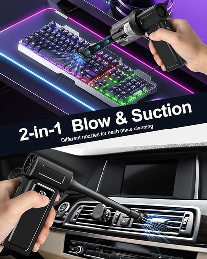 Compressed Electric Air Duster & Handheld Car Vacuum Cleaner 2-in-1-10000mAh Battery 180000RPM 4-Speed echargeable Air Blower for Car Cleaning, Home, Keyboard, PC, LED Light