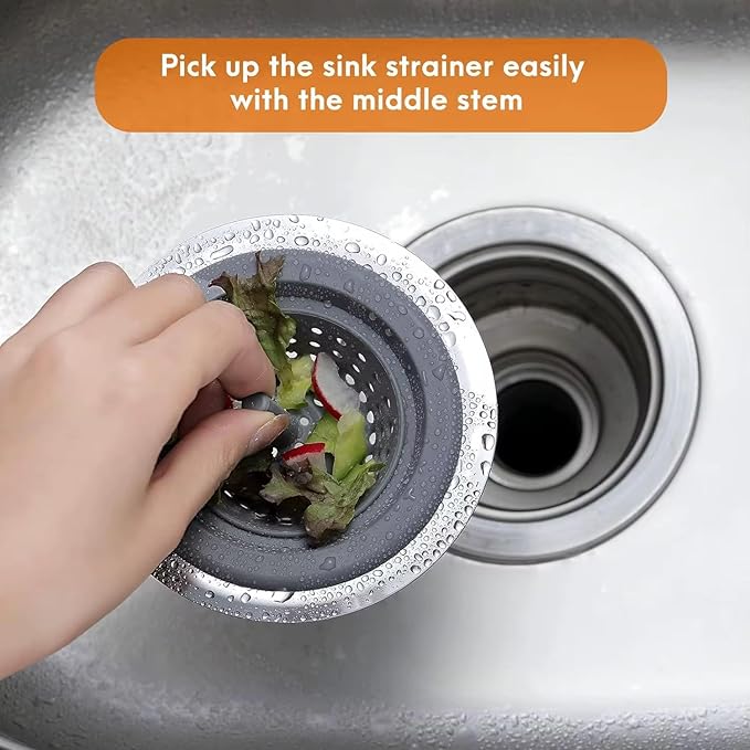 Kitchen Sink Strainer 2 Pack, Stainless Steel Rim with Silicone Basket, Anti-Clog Sink Drain Catcher, Food Strainer for Kitchen Sink, Fits Standard Drains, Black