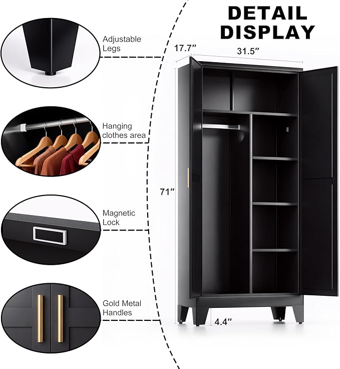 71" H Metal Garage Storage Cabinets,Broom Closet Storage Cabinet,Utility Cabinet,Black Storage Cabinets