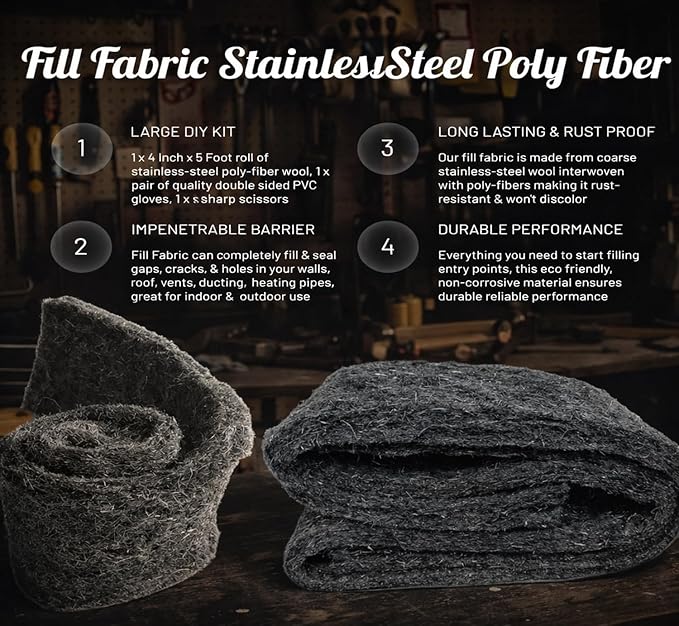 Fill Fabric Rust Proof Stainless Steel Wool Poly Fiber, Large DIY Kit, 1 4in. x 5ft. Roll, Quality Gloves, and Quality Scissors Fill Gaps/Holes