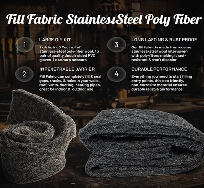 Fill Fabric Rust Proof Stainless Steel Wool Poly Fiber, Large DIY Kit, 1 4in. x 5ft. Roll, Quality Gloves, and Quality Scissors Fill Gaps/Holes
