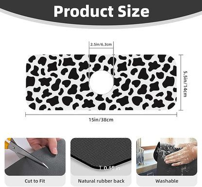 Cow Dalmatian Skin Print Black And White Kitchen Sink Splash Guard Faucet Mat Super Absorbent Fast Drying Mat Sink Gadgets-Fast Drying Pad Sink Mat For Kitchen Bathroom (15" X 5.5" )