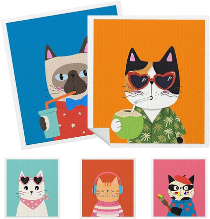 5 Pack Mixed Colorful Cartoon Cat Swedish Kitchen Dishcloths Dish Towels, Cute Kitten Dish Towels for Kitchen, Swedish Dishcloth, Paper Towels Reusable, Dish Cloth Towel Cleaning Wipe for Home