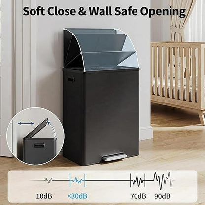 GarveeHome 60L/16 Gallon Dual Compartment Step Trash Can with Silent-Close Lid – Stainless Steel Recycling Bin for Kitchen, Office, Living Room – Odor Control & Pet-Proof Design
