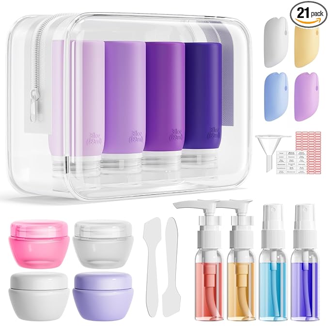 Muslish 21 Pack Travel Bottles for Toiletries, Leak-Proof TSA Compliant Silicone Travel Size Containers for Shampoo and Conditioner, BPA Free with Toiletry Bag (Purple)