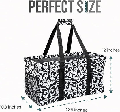 Extra Large Utility Tote Bag - Oversized Collapsible Reusable Wire Frame Rectangular Canvas Basket With Two Exterior Pockets For Beach, Pool, Laundry, Car Trunk, Storage - Damask Gray