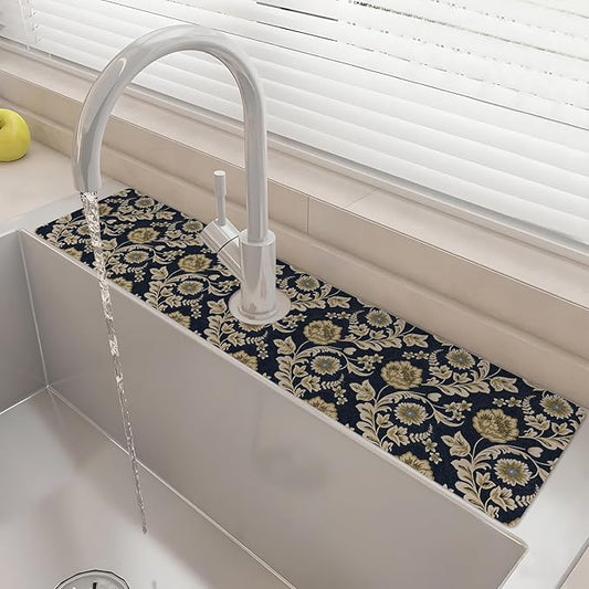 24" X 5.5" Kitchen Sink Splash Guard Faucet Mat Floral Flower Super Absorbent Fast Drying Faucet Guard & Draining Mat Sink Splash Guard Behind Faucet for Kitchen, Bathroom
