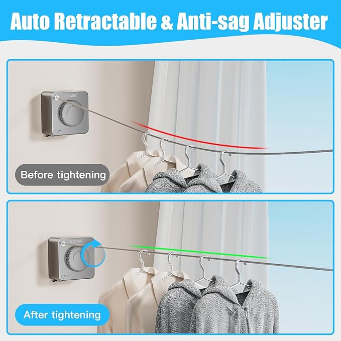 Retractable Clothesline Indoor - Non-Sagging Retractable Clothesline Outdoor - Retracting 13.8 Ft Heavy Duty Drying Clothes Line - Wall Mounted Stainless Steel Laundry Line (Gray, Square)