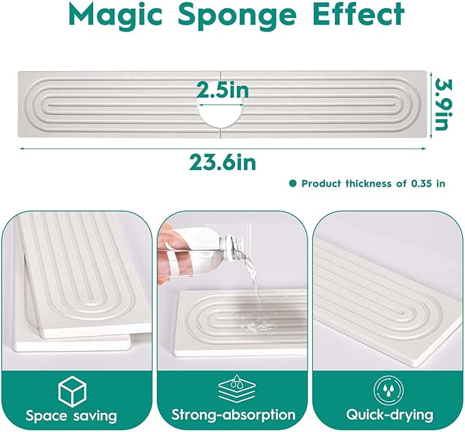 24 Inch Stone Faucet Mat for Kitchen Sink,Kitchen Sink Splash Guard-Water Absorbing Stone Tray for Sink,Super Absorbent, Diatomite Protector with Drainage for Kitchen Bathroom Counter(White）