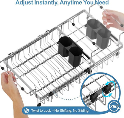 GSlife Dish Drying Rack Over the Sink - Expandable Stainless Steel Heavy Duty Dish Drainer for Small Kitchen Apartment, Space Saving Sink Rack with Secure Lock Knob and Utensil Holder, Silver