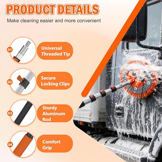 SISUPASSIE 12FT Car Wash Brush with Long Handle, Car Cleaning Brush Kit with Soft Bristle Brush, Window Squeegee, Microfiber Mop, Wheel Brush, Mitt for Cleaning Truck, RV, Boat, Solar Panels