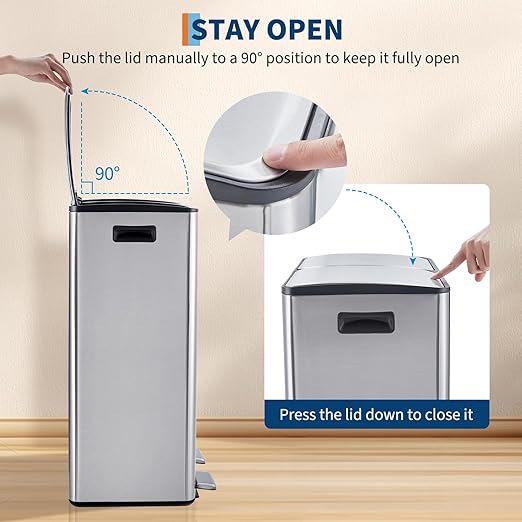 Takywep 2 x 8 Gal (2 x 30L) Kitchen Dual Trash Can, Stainless Steel Double Trash Can with 2 Removable Inner Buckets, Soft-Close Lid, Double Compartment Recycling Bin for Kitchen Home Office, Silver